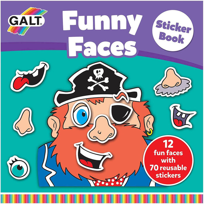 Funny Faces sticker book cover showing a cartoon pirate surrounded by reusable eye, nose, and mouth stickers.