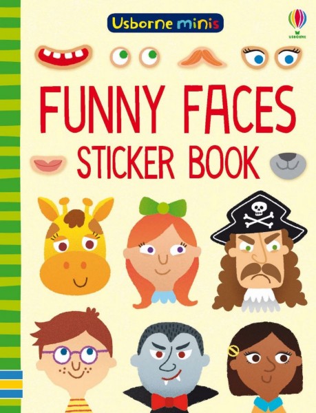 Sticker book cover with red text and cartoon faces of a giraffe, pirate, and vampire on a cream background.