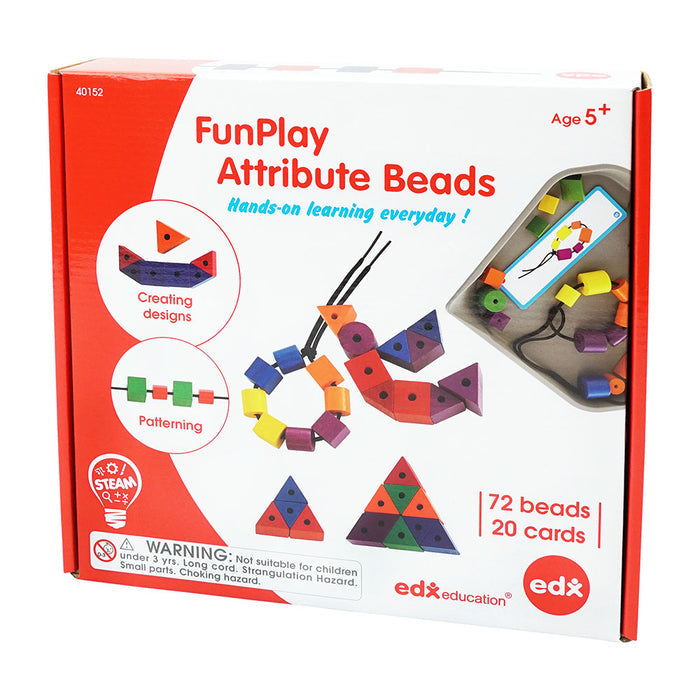 Red box showing 72 colorful wooden geometric beads, 20 activity cards, and strings for making patterns. Age 5+.