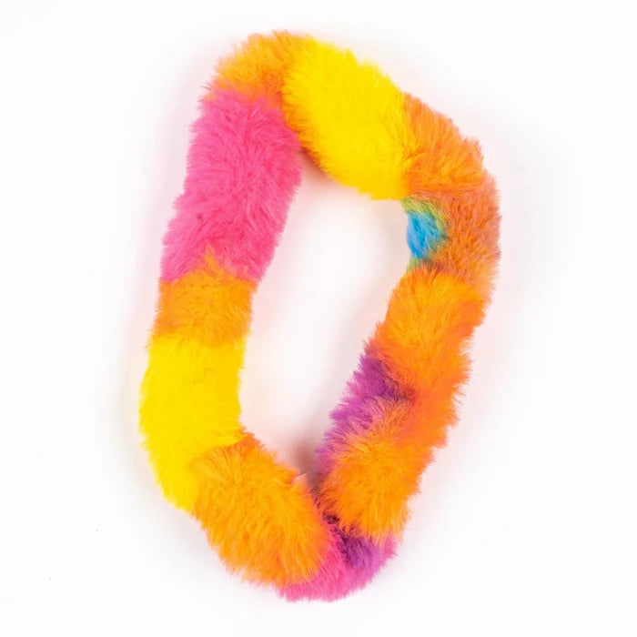 A colorful, furry, twisted loop toy with sections of pink, orange, yellow, and purple plush texture.