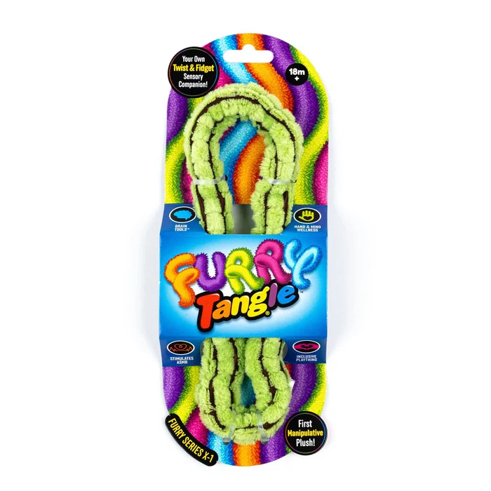 Green fuzzy segmented loop toy with brown stripes on vibrant rainbow cardstock packaging.