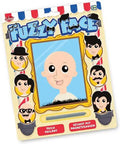 Magnetic drawing toy packaging with a bald cartoon face, black filings for hair, and a grey stylus tool.