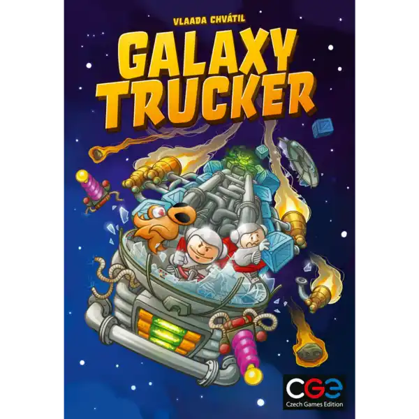 Galaxy Trucker box art: cartoon astronauts on a makeshift spaceship dodging orange meteors in a starry purple galaxy.