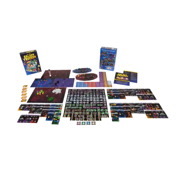 Space-themed board game set with colorful boxes, player boards, tokens, and many small cards and tiles on white.