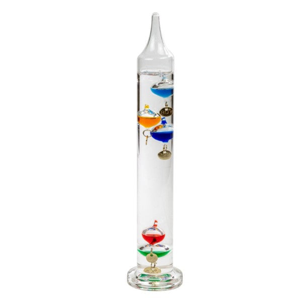 Tall glass cylinder filled with clear liquid and colorful glass spheres with small metal tags floating at various heights.
