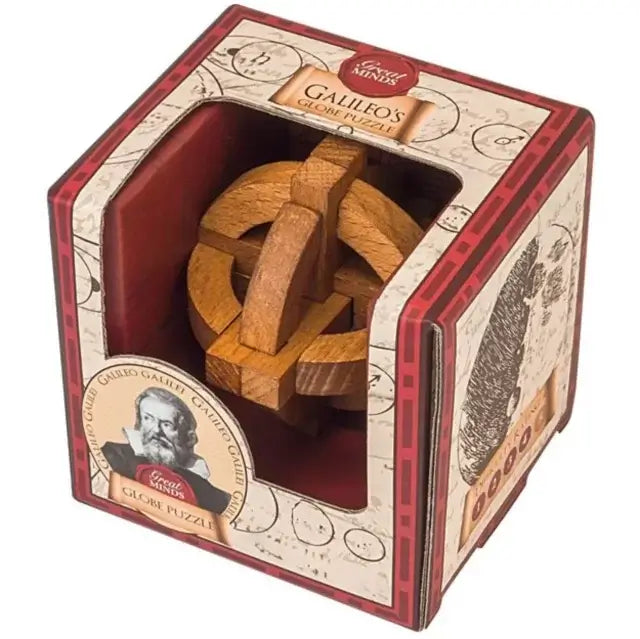 Wooden interlocking sphere inside a vintage-style cream and red box featuring star charts and a portrait of Galileo.