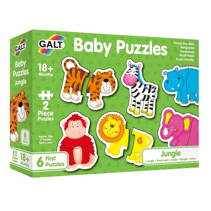 Green box showing six colorful 2-piece animal puzzles: tiger, monkey, lion, zebra, hippo, and pink elephant.