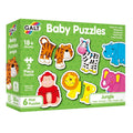 Green box showing six colorful 2-piece animal puzzles: tiger, monkey, lion, zebra, hippo, and pink elephant.