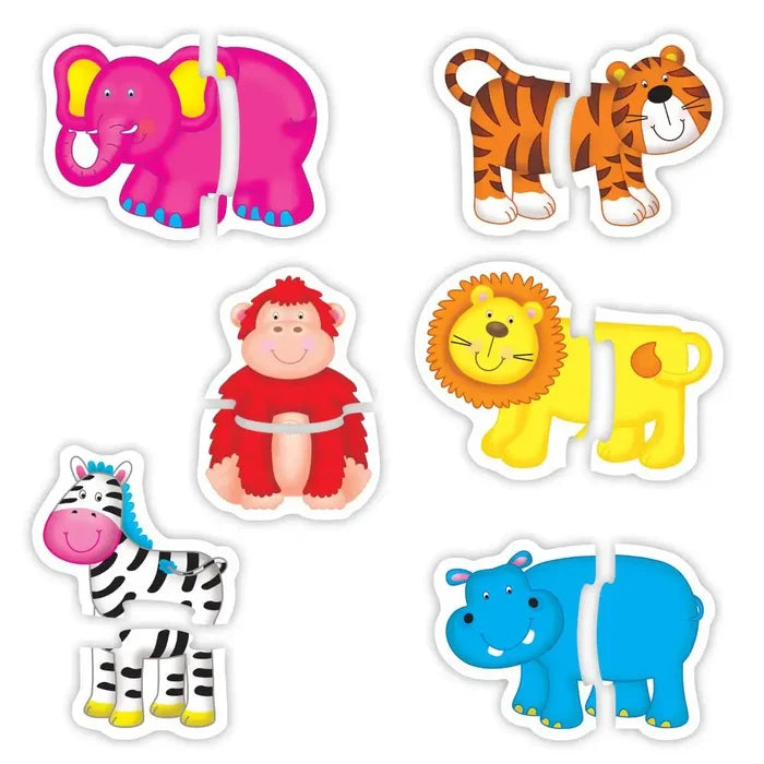 Six colorful 2-piece animal puzzles for babies: pink elephant, tiger, monkey, lion, zebra, and blue hippo.
