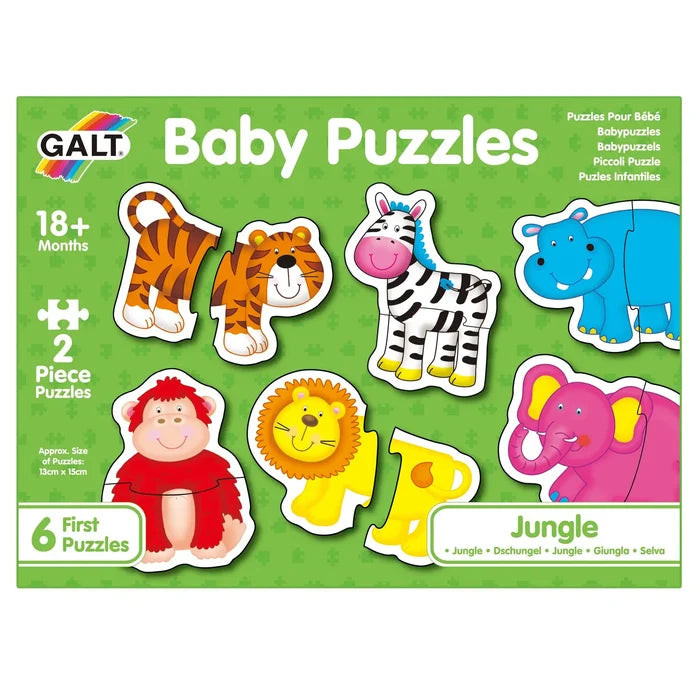 Green box featuring six 2-piece jungle animal puzzles: tiger, zebra, hippo, monkey, lion, and elephant.