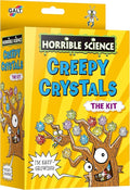 Yellow science kit box featuring cartoon trees with colorful crystal clusters and googly eyes against sunburst rays.