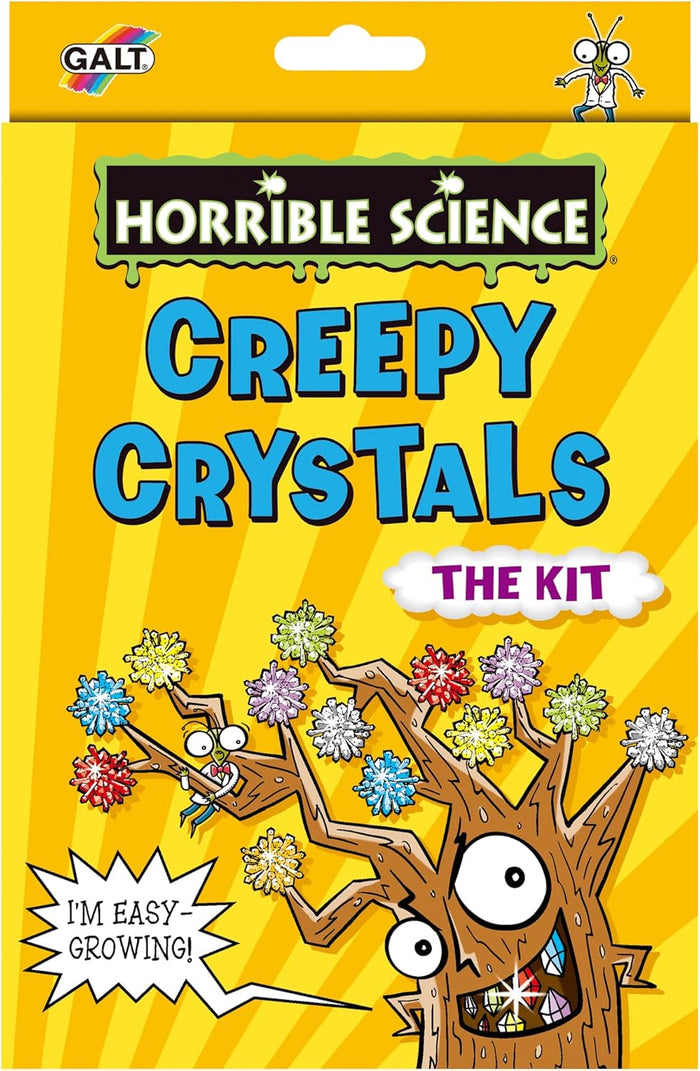 Yellow Galt Horrible Science box for Creepy Crystals with an illustration of a cartoon tree growing colorful crystals.