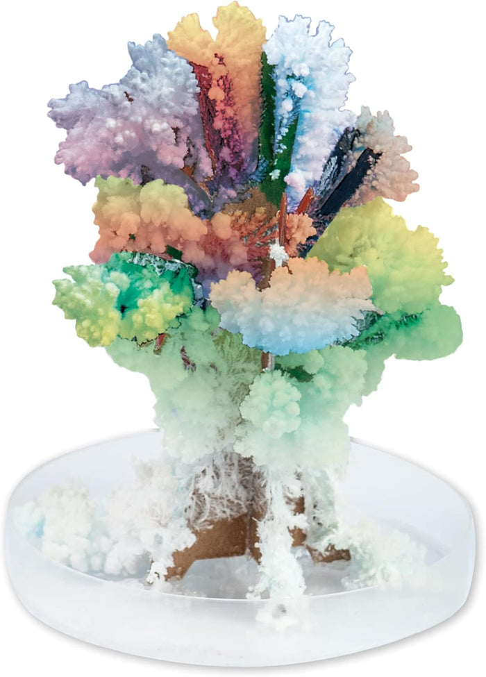 Multi-colored crystal tree with fluffy pink, yellow, green and blue clusters on a cardboard frame in a clear dish.