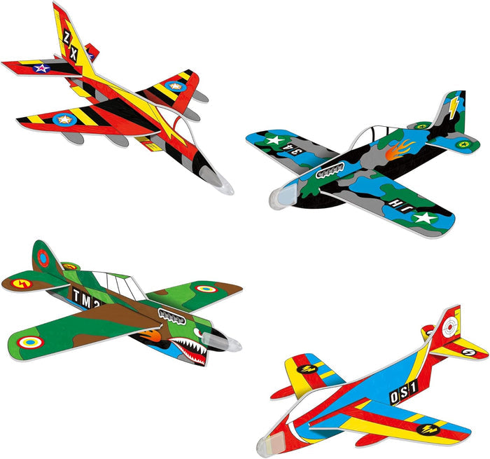 Four toy foam glider planes featuring vibrant colors, camouflage patterns, lightning bolts, and a shark face design.