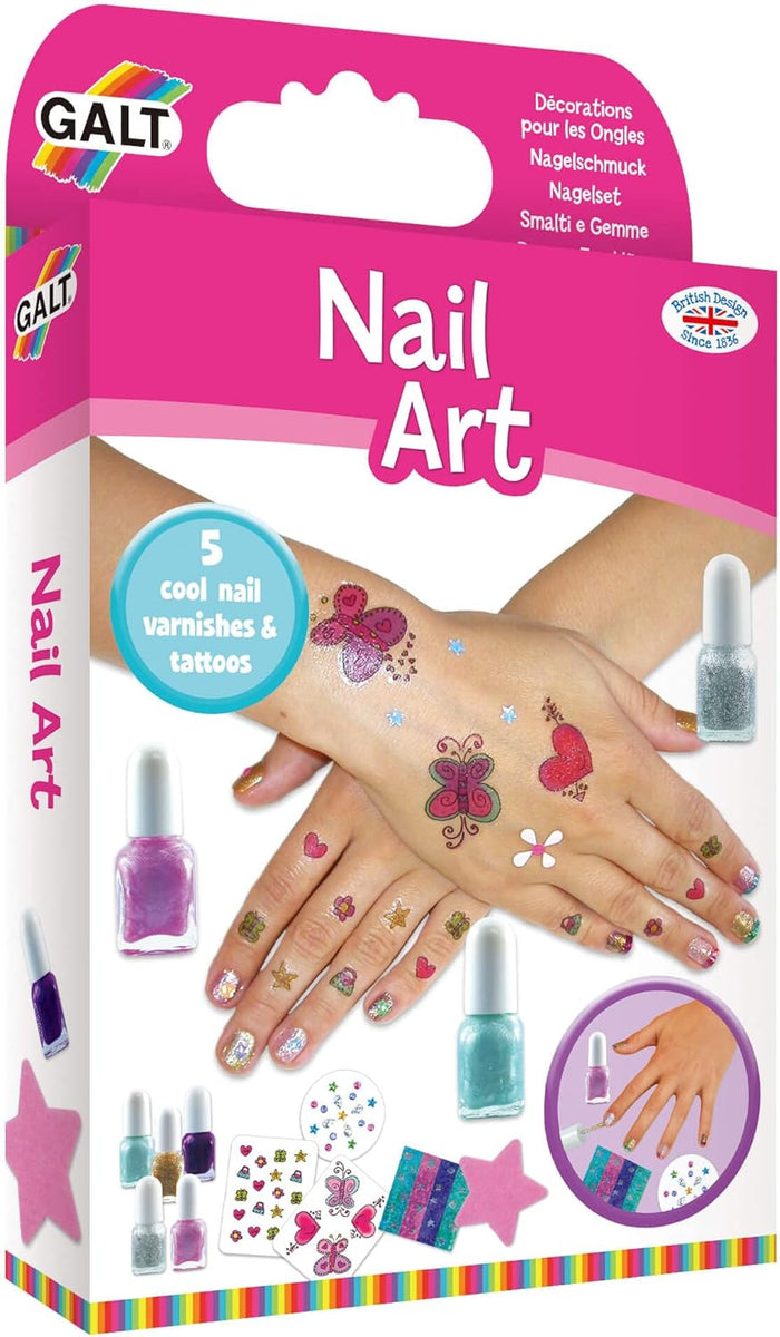 Galt Nail Art kit packaging featuring hands with colorful, glittery nails, butterfly tattoos, and polish bottles.