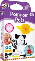 Purple Galt Pompom Pets kit box showing a yellow bird, black and white cat, kids crafting, and included yarn supplies.