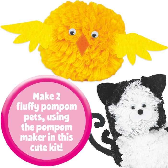 Yellow pompom bird with felt wings and black and white pompom cat with googly eyes and felt ears.