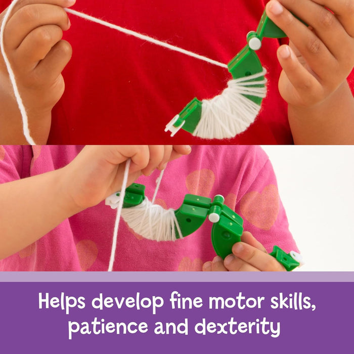 Children wrapping white yarn around green plastic tools to develop fine motor skills, patience and dexterity.