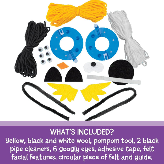 Craft kit with yellow, black, and white wool, blue pompom tools, googly eyes, pipe cleaners, and felt animal features.