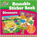 Pink and green book cover showing vibrant cartoon dinosaur stickers on two landscape scenes and an orange badge.