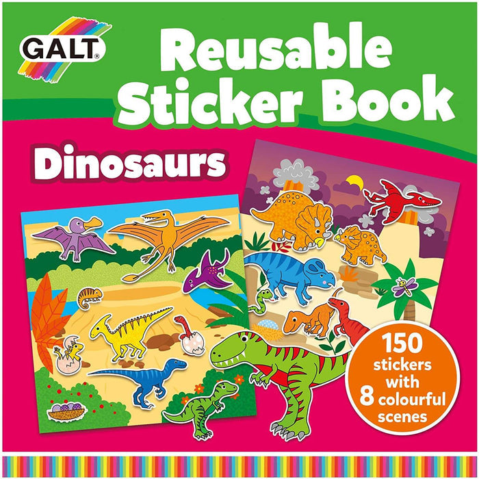 Pink and green book cover showing vibrant cartoon dinosaur stickers on two landscape scenes and an orange badge.