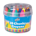 Clear plastic tub filled with 20 assorted thick, colorful crayons with pointed tips and a bright blue label.
