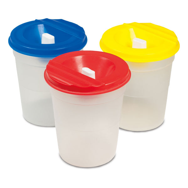 Three clear plastic paint cups with blue, red, and yellow funnel lids and white stoppers.