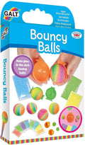 Galt Bouncy Balls kit box featuring colorful crystals, orange molds, and several finished rainbow-colored balls.