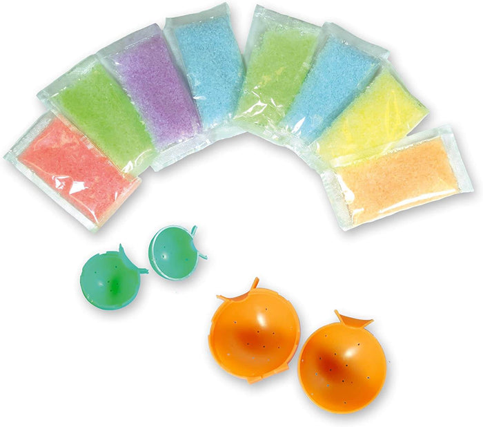 Eight packets of vibrant crystal powder and two sets of spherical plastic molds in green and orange.