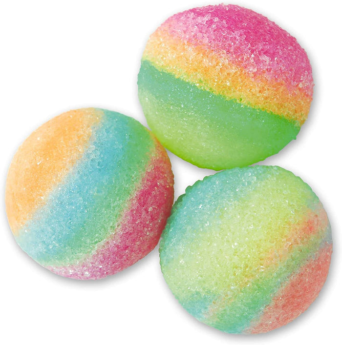 Three round bouncy balls with a frosted crystalline texture and vibrant layers of pink, blue, orange, and green.