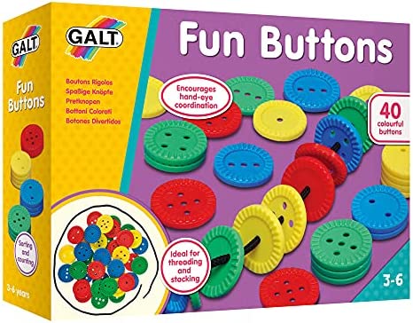 Box for Galt Fun Buttons with 40 large colorful plastic buttons being threaded on a cord and stacked.