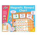 Galt reward chart set with orange grid, colorful star magnets, name tags, and dry-erase pen on a blue background.