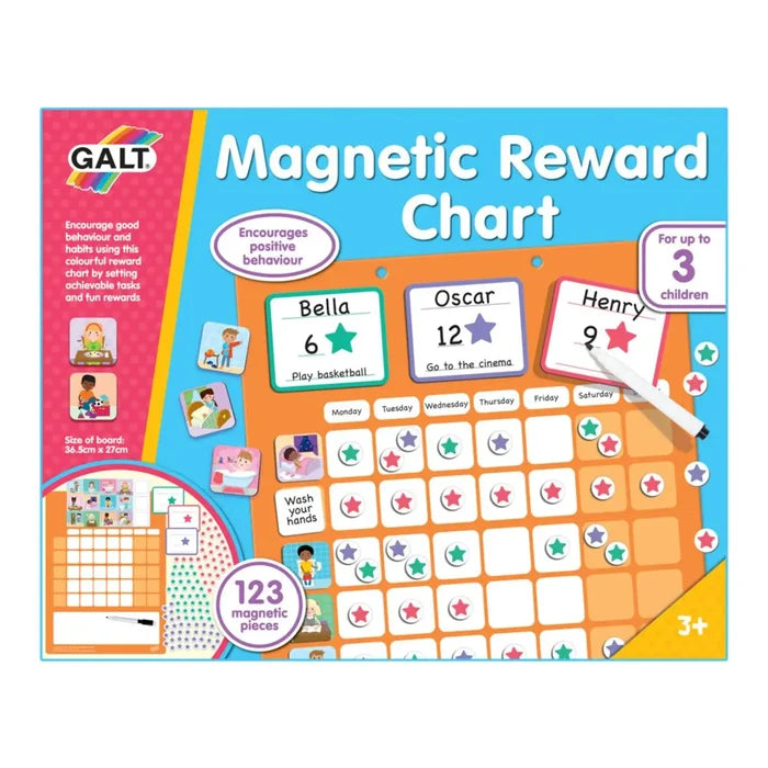 Galt reward chart set with orange grid, colorful star magnets, name tags, and dry-erase pen on a blue background.
