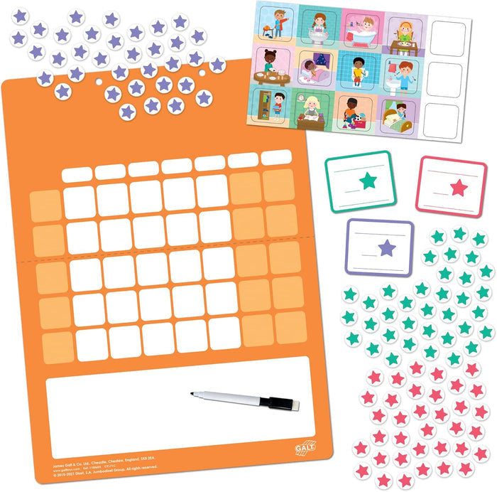 Orange magnetic board with a reward grid, cartoon task tiles, colorful star magnets, and a dry-erase marker.