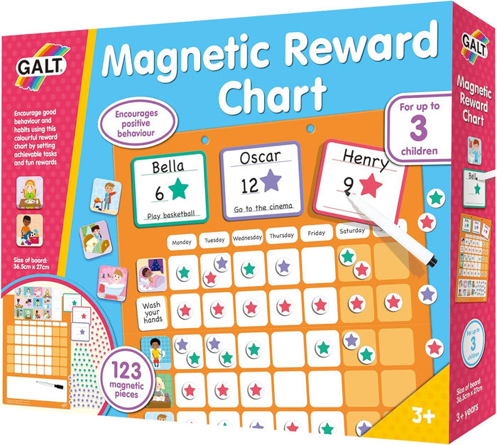 Colorful blue box featuring a magnetic reward chart with an orange grid, star pieces, name tags, and a marker.