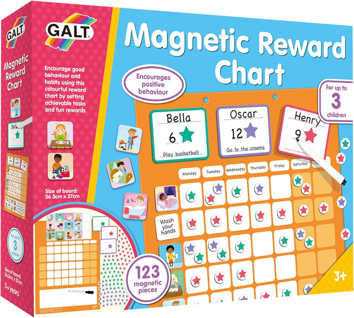 Colorful box for a magnetic reward chart showing an orange grid with star magnets, name tags, and a white pen.