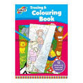 Colorful Galt book cover with animal and child illustrations, a transparent tracing sheet overlay, and pink background.