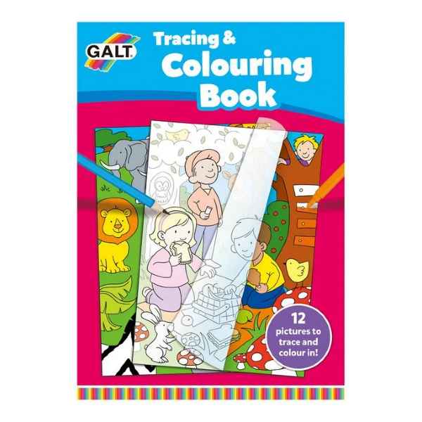 Colorful Galt book cover with animal and child illustrations, a transparent tracing sheet overlay, and pink background.