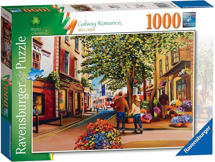 Impressionist 1000-piece puzzle box art of a couple walking past colorful flower stalls and red buildings on a street.