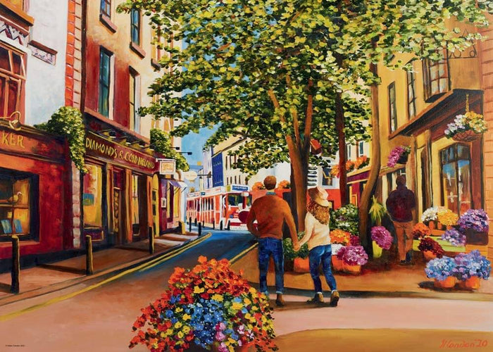 Vibrant painting of a couple holding hands on a street lined with flowers and shops, with a red bus in the background.