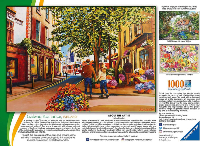 Ravensburger puzzle art of a vibrant, colorful painted street in Galway, Ireland, filled with flowers and shop facades.