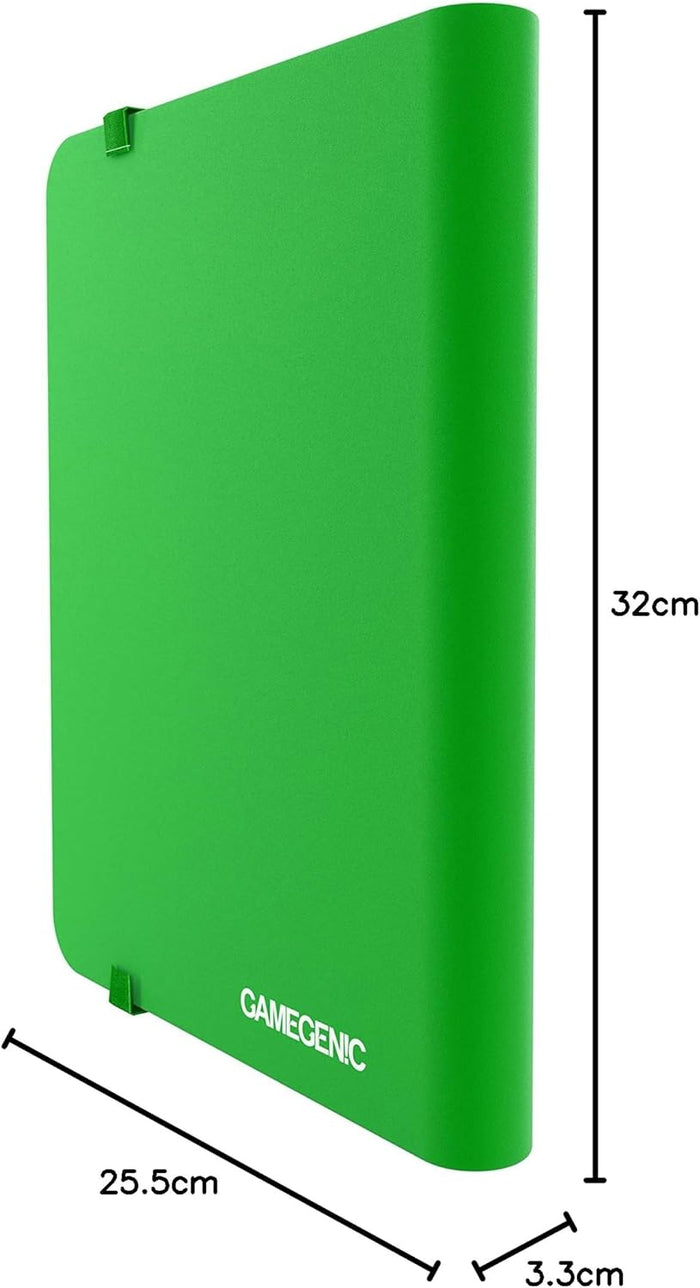 Bright green Gamegenic vertical card album with rounded corners, elastic straps, and labeled dimensions.
