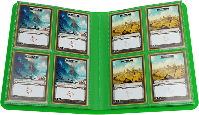 Open green 8-pocket trading card binder with fantasy-themed game cards inside transparent protective sleeves.