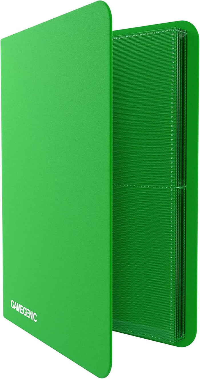 Bright green card binder with white Gamegenic logo, slightly open to show black textured pocket pages inside.