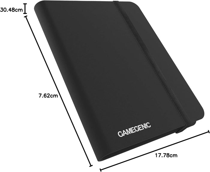 Matte black rectangular album with rounded corners, a vertical elastic band, white logo, and metric dimension labels.