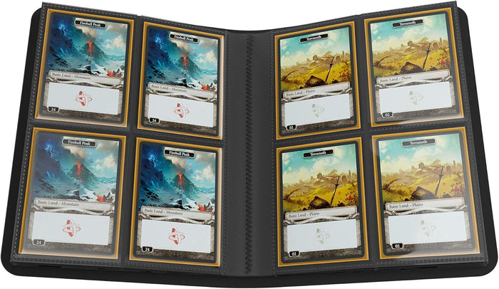Open black trading card binder with eight side-loading pockets displaying fantasy landscape cards.