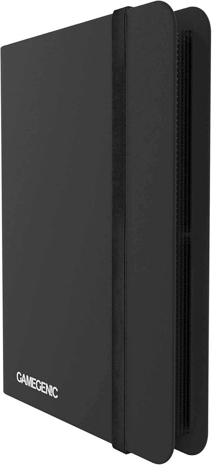 Matte black card binder with vertical elastic strap, rounded corners, white brand logo, and visible internal pages.