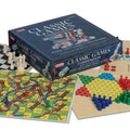Blue game box with colorful boards and pieces for Snakes and Ladders, Chinese Checkers, and Chess.