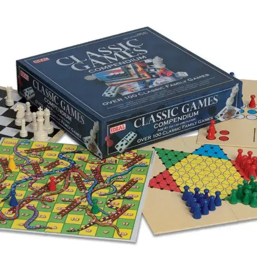 Blue game box with colorful boards and pieces for Snakes and Ladders, Chinese Checkers, and Chess.