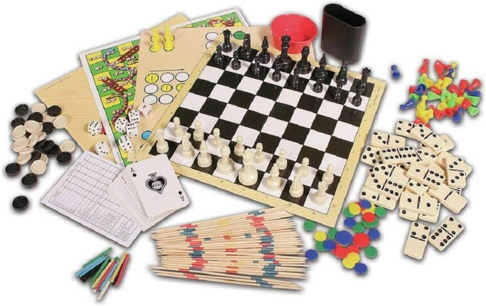 Chessboard with black and white pieces, dominoes, playing cards, pick-up sticks, and colorful game tokens.